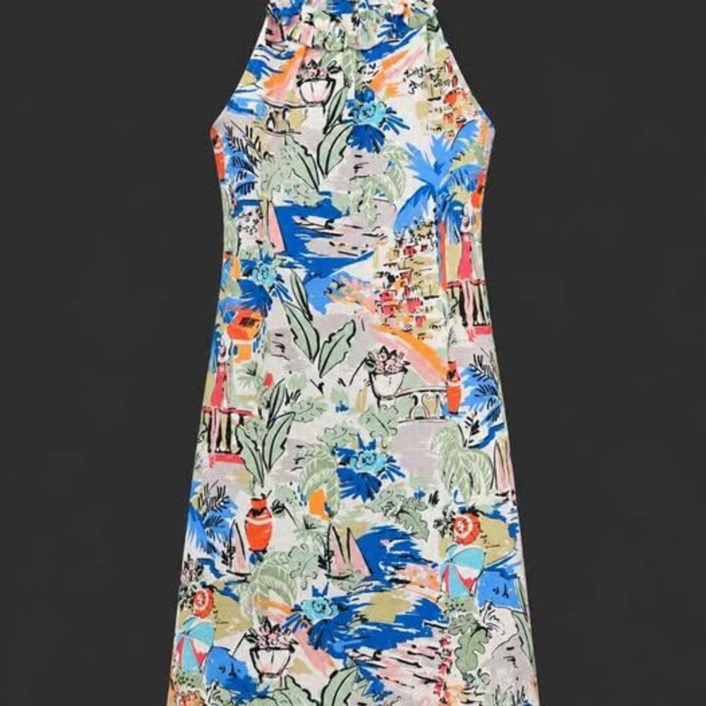 London Times Linen Blend Tropical Print Shift Dress Size 8